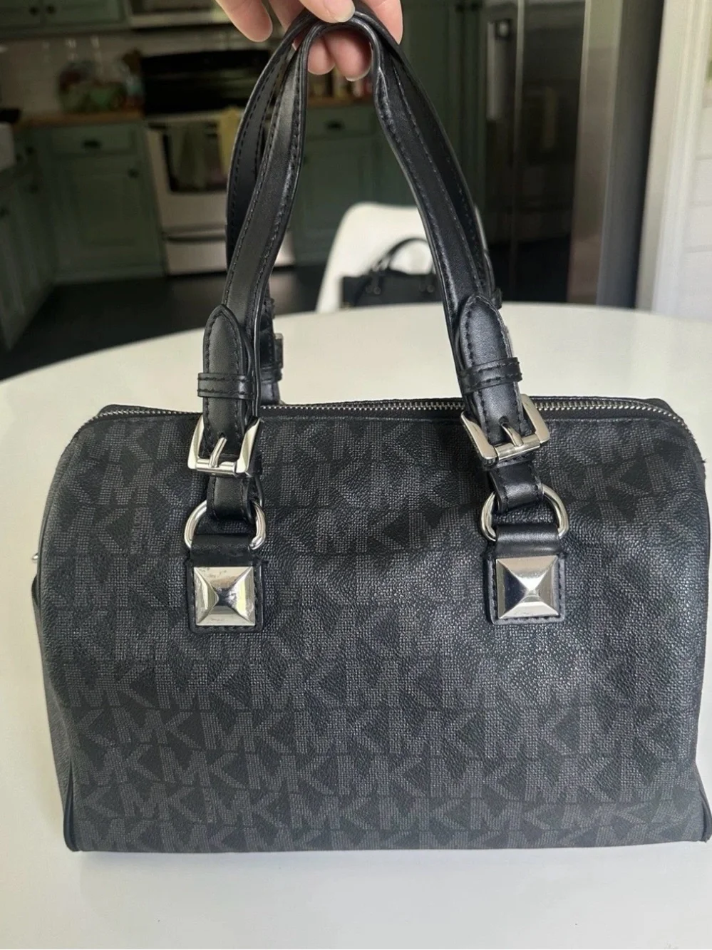 Michael Kors Black MK Logo Dome Satchel with Silver Hardware Grayson